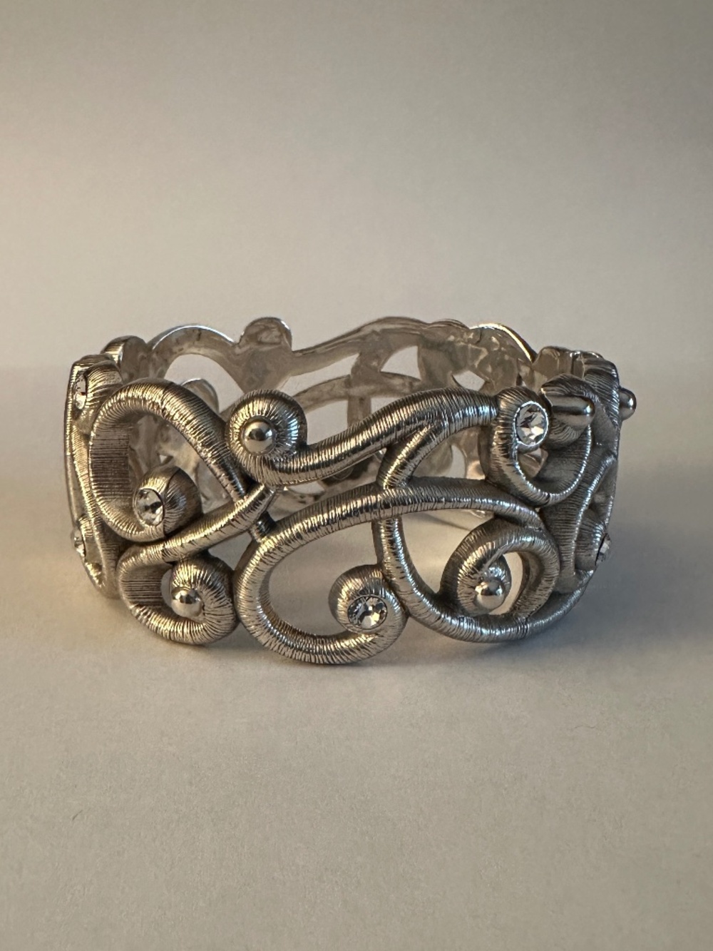 Brighton Wide Cuff Hinged Bracelet With Swarovski Crystal Scroll Work